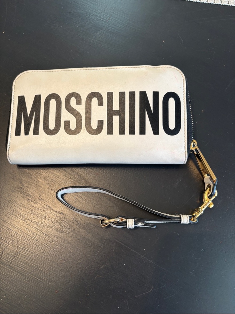 Moschino Cream and Black Logo Zip Wallet Wristlet with Gold Hardware